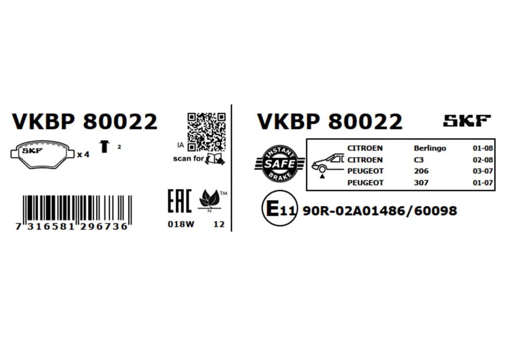 Jeu de 4 plaquettes de frein SKF ref. VKBP 80022